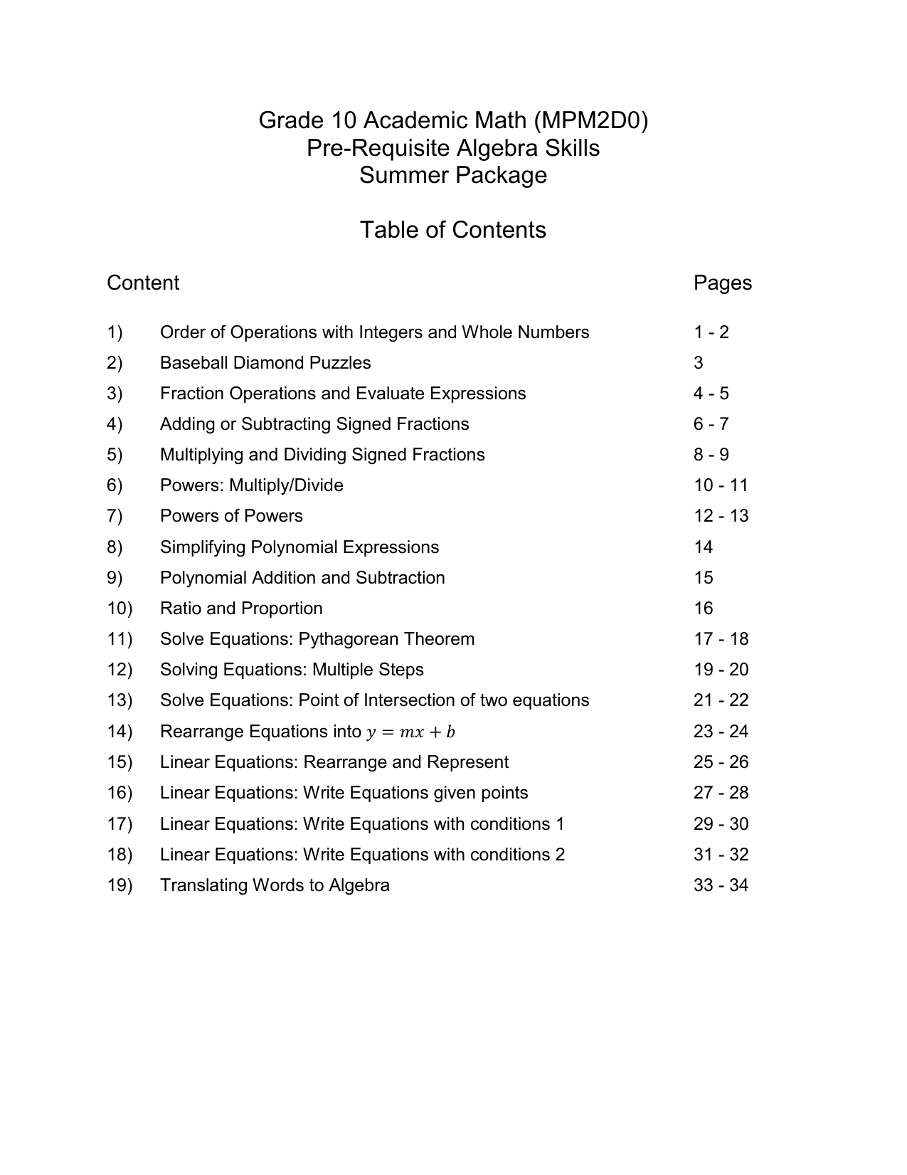 Algebra Skills For Grade 10 Manualzz