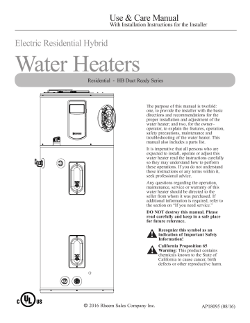 Rheem XE80T10HD50U0 Manual - 50 Gal. Hybrid Electric Water Heater ...