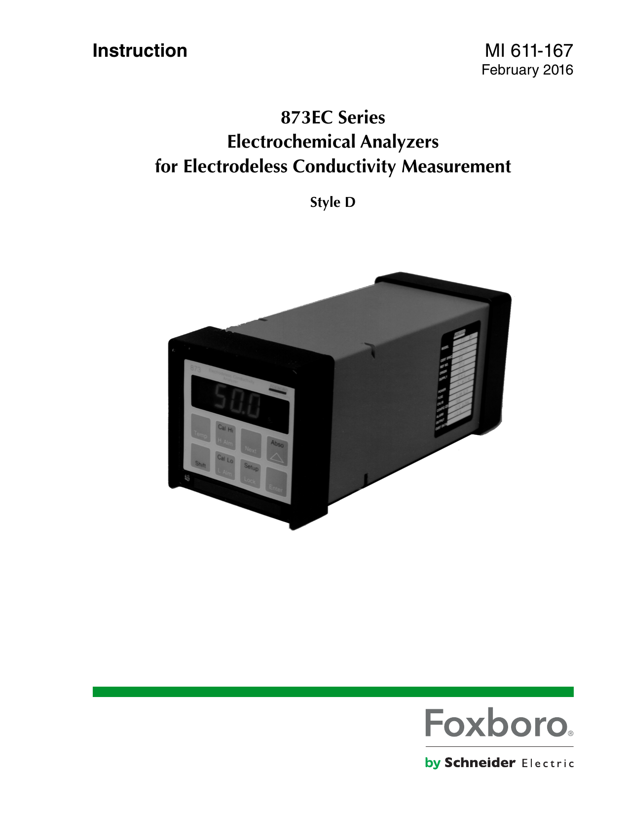 Schneider Electric 873EC Series Electrochemical Analyzers Instruction