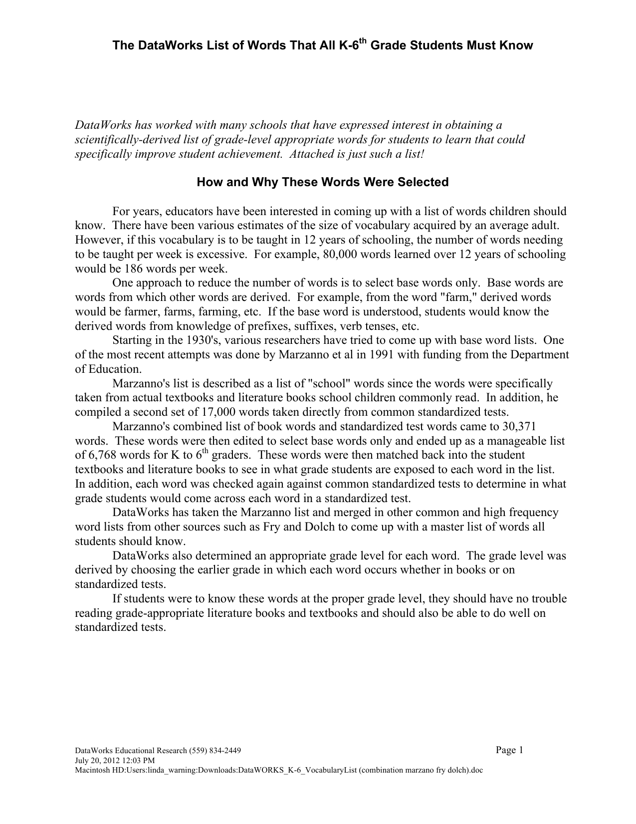 DataWorks Combined Vocab List (Dolch, Marzano, Fry ... - 