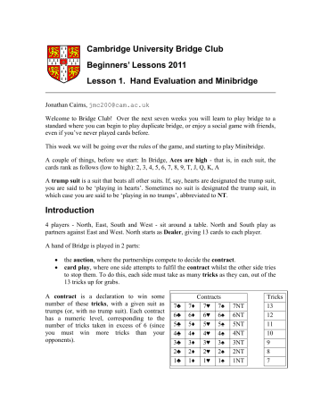 Lesson 1 Cambridge University Bridge Club Manualzz