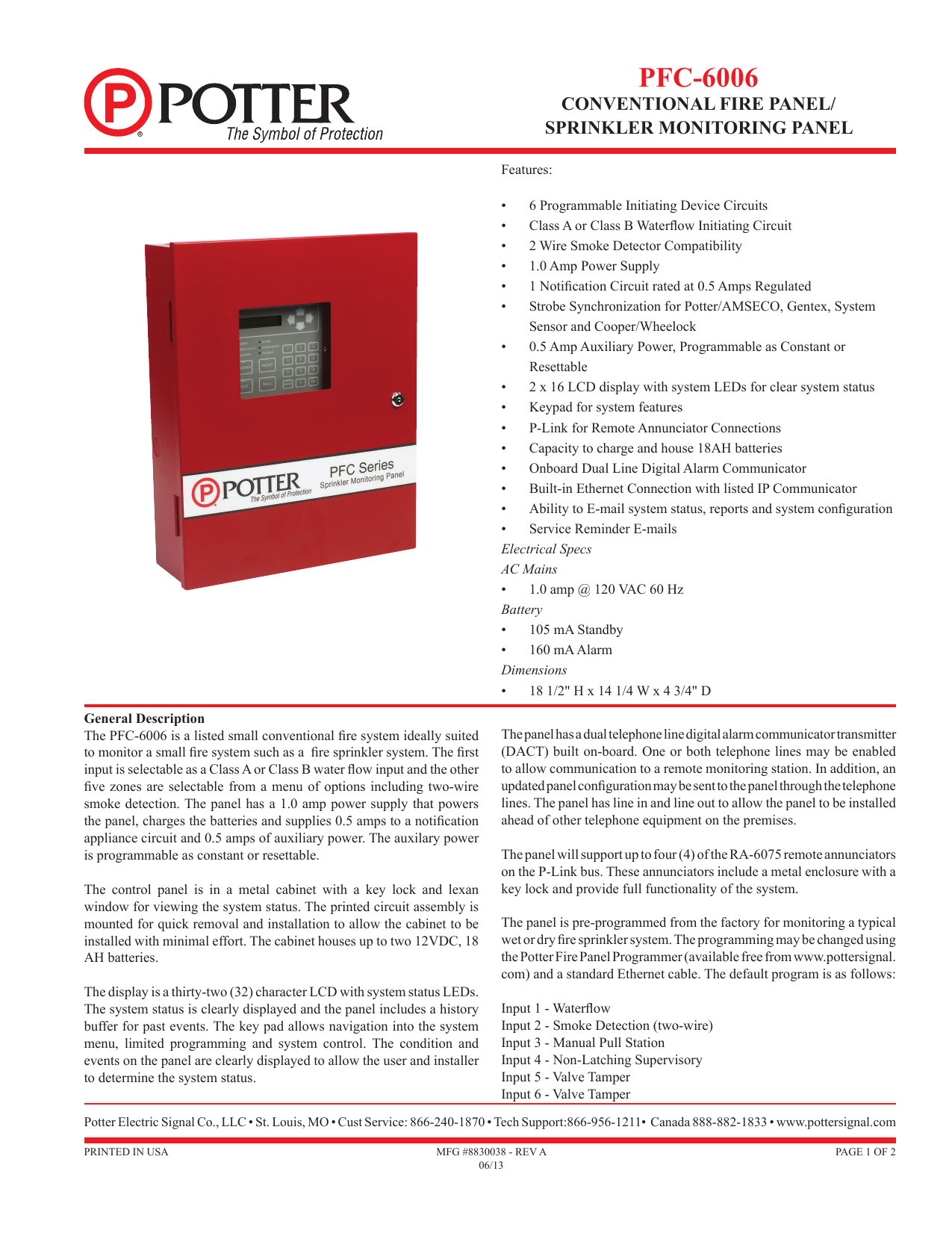 Potter PFC-6006-R Sprinkler Monitoring Control Panel | Manualzz