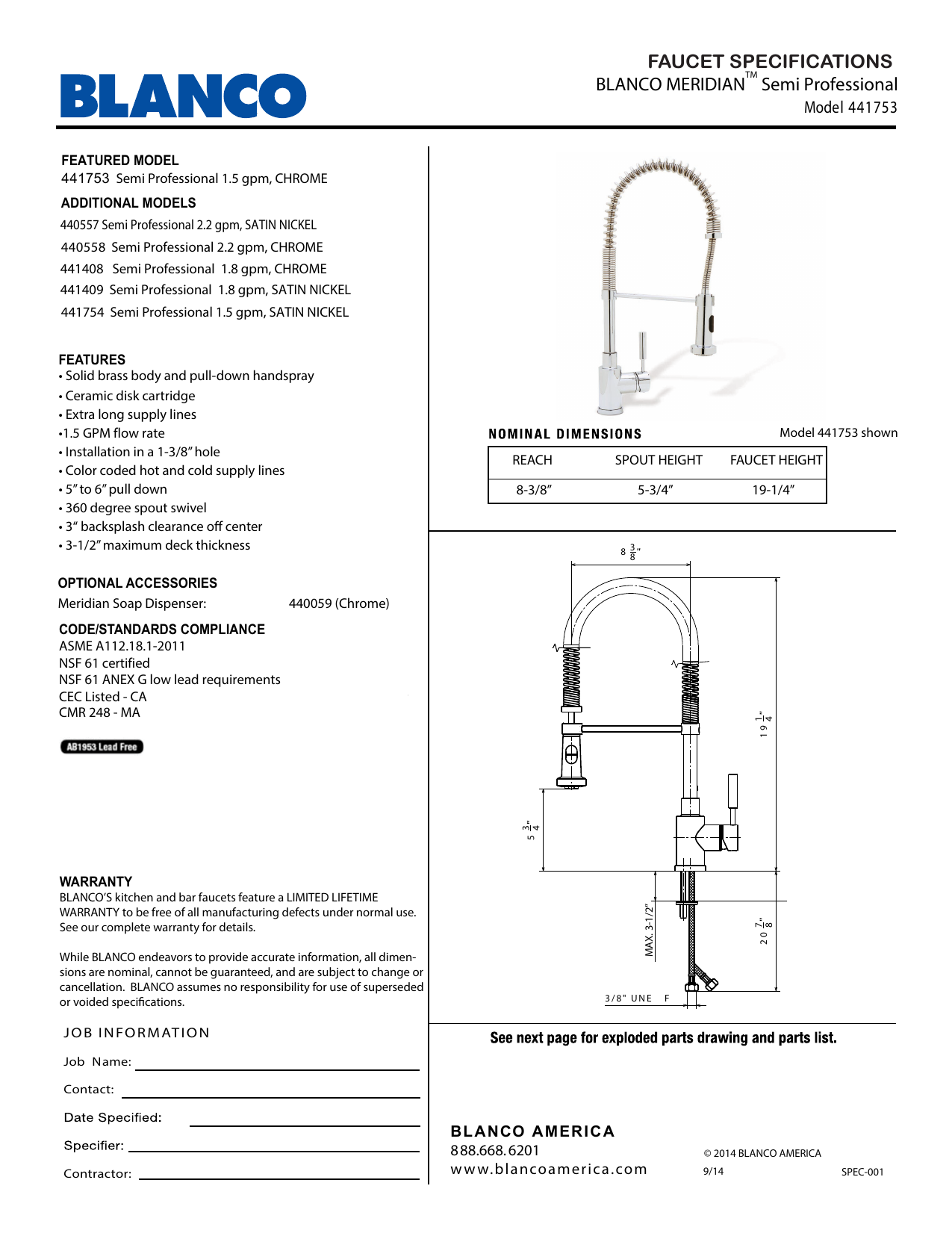 Faucet Specifications Blanco Meridian Semi Professional Manualzz Com