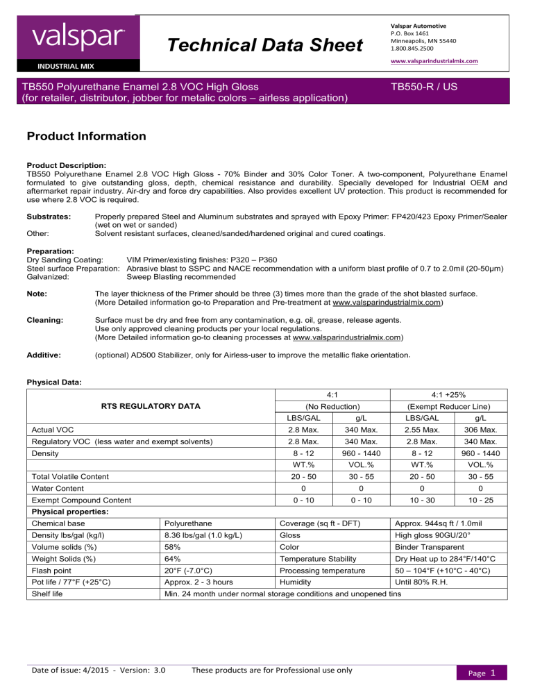 Technical Data Sheet - Valspar Industrial Mix | Manualzz