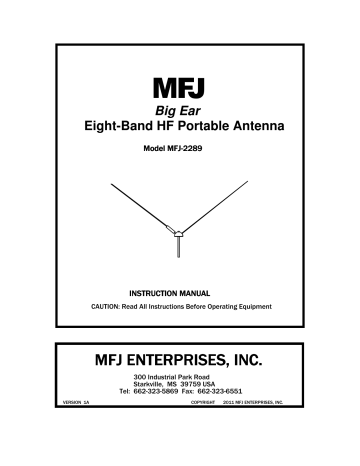 MFJ 2289 - PORT DIPOLE, BIG EARS,8-BD,7.0-55MHZ, BIG EARS,1KW Instruction  manual 