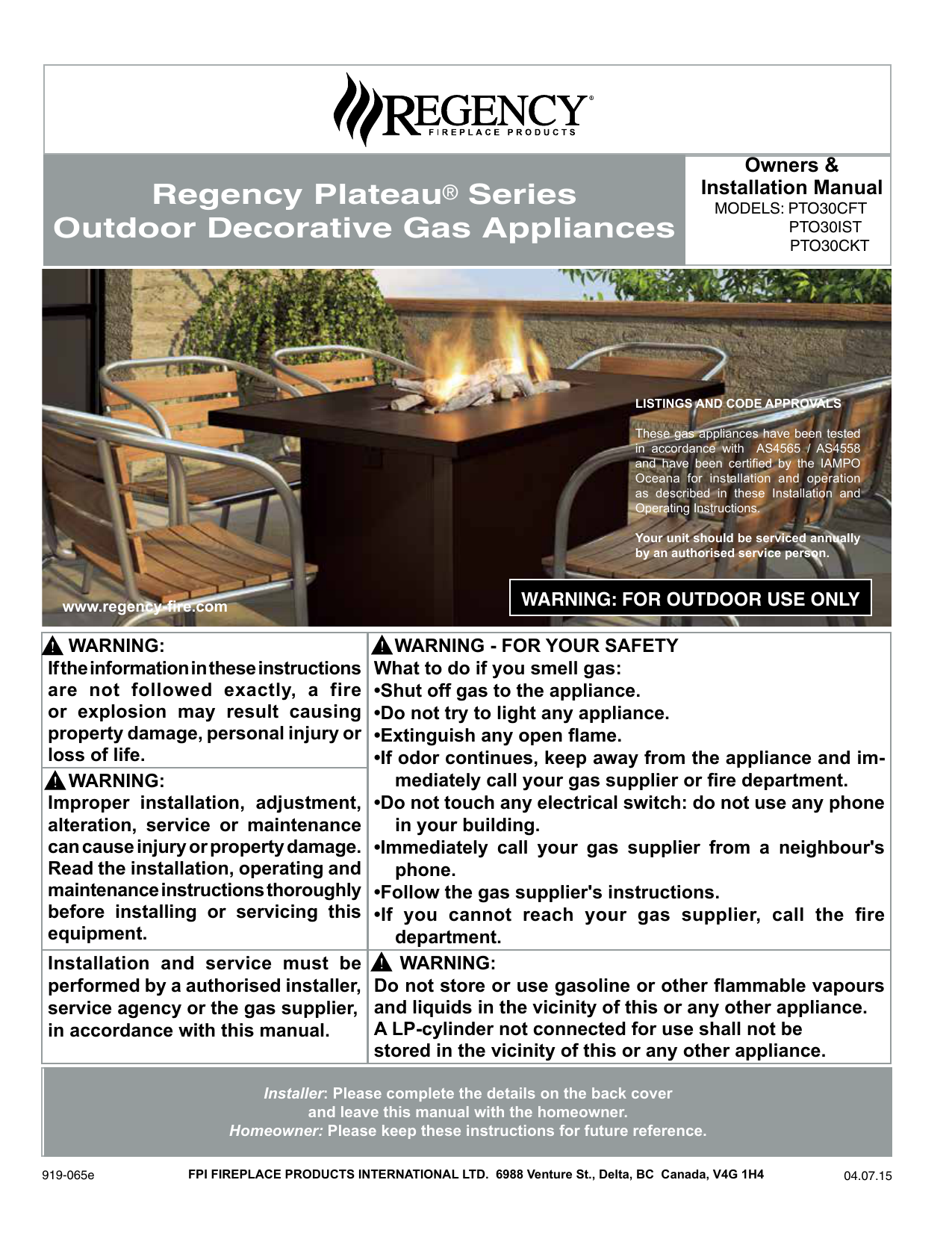 Regency Fireplace Products Plateau PTO30IST User manual Manualzz
