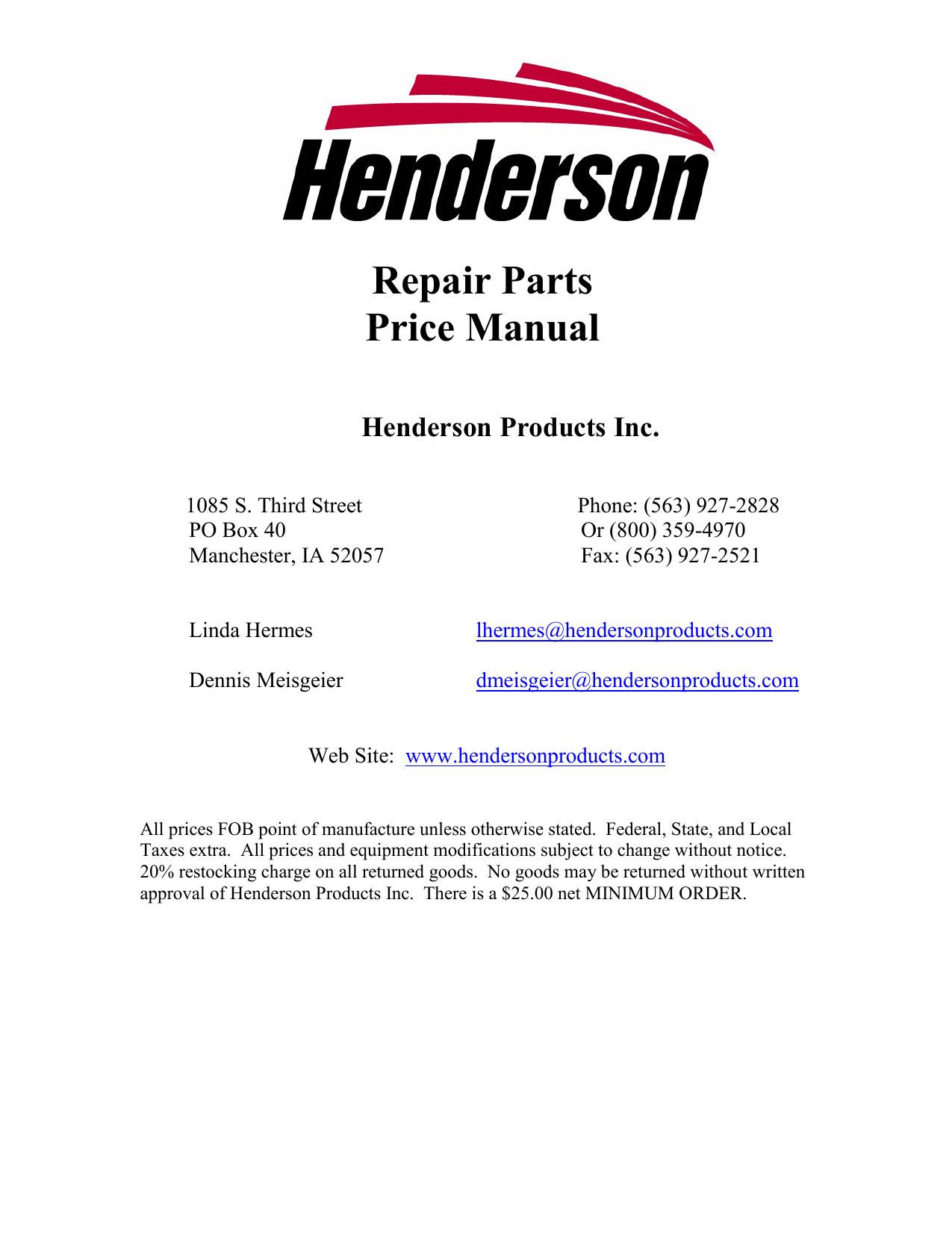 Repair Parts Price Manual Henderson Products Inc.
