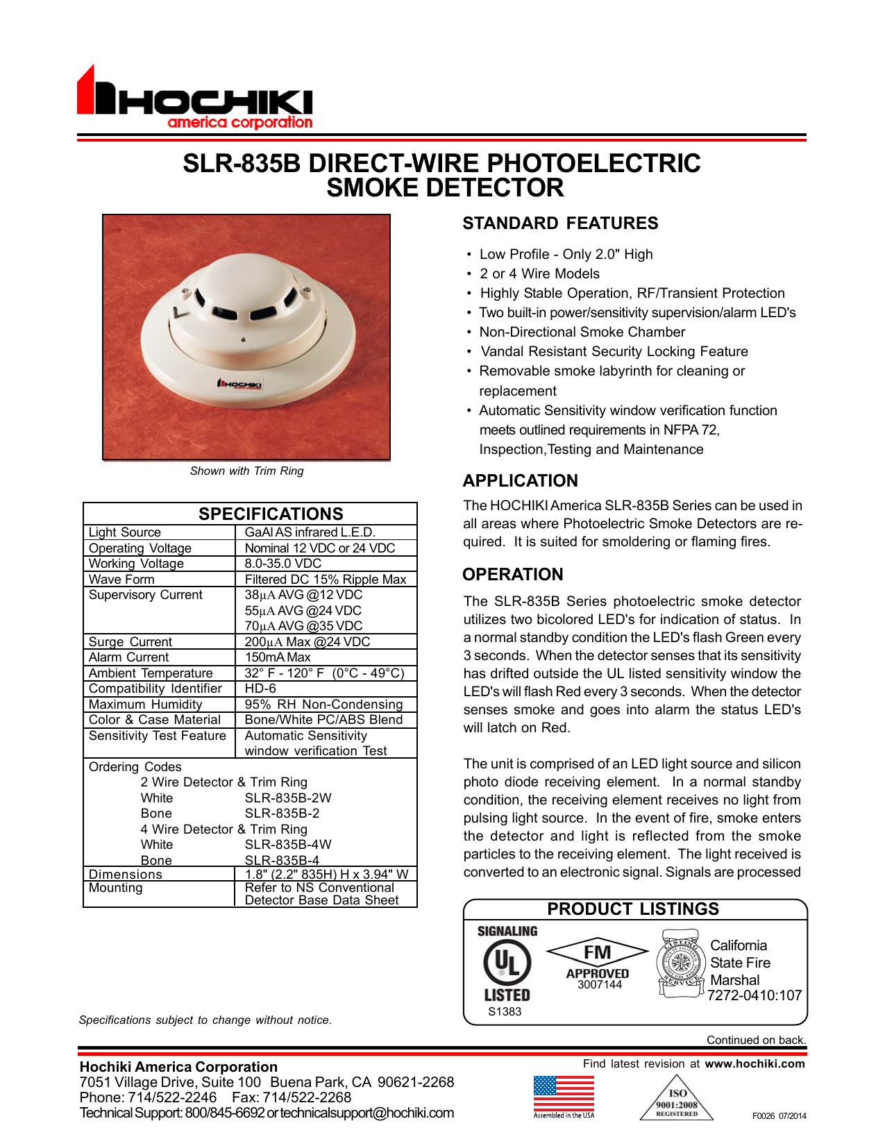 835B-2W Direct-Wire Photo electric Smoke Detector SLR 