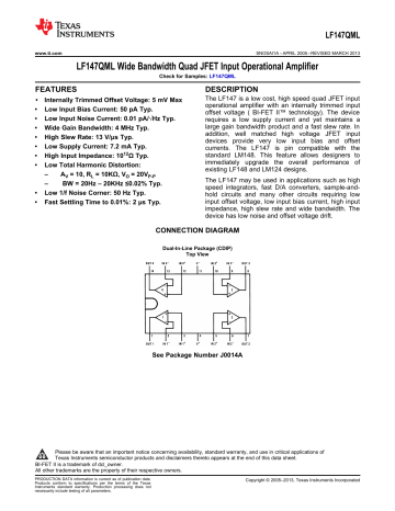 Texas Instruments LF147QML Wide Bandwidth Quad JFET Input Operational Amplifier (Rev. A) Datasheet | Manualzz