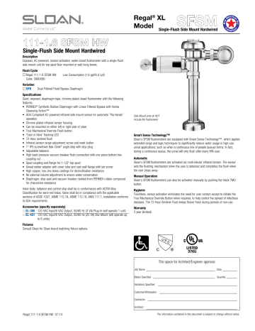 Regal 111-1.6 SFSM HW Specification Sheet | Manualzz