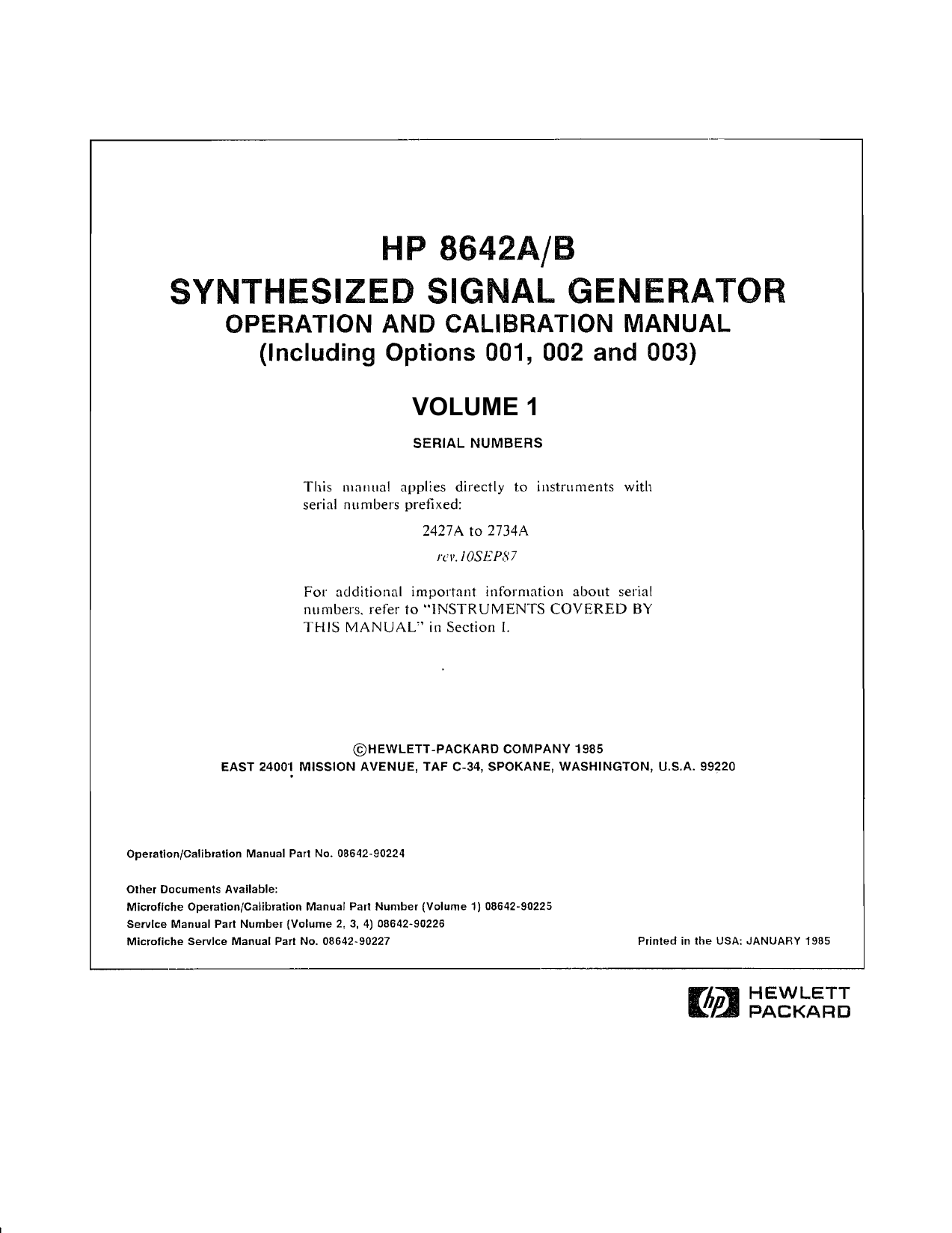 for the 8642A 8642B Generator HEWLETT PACKARD Ops+Service Manual Set 4-Vols 