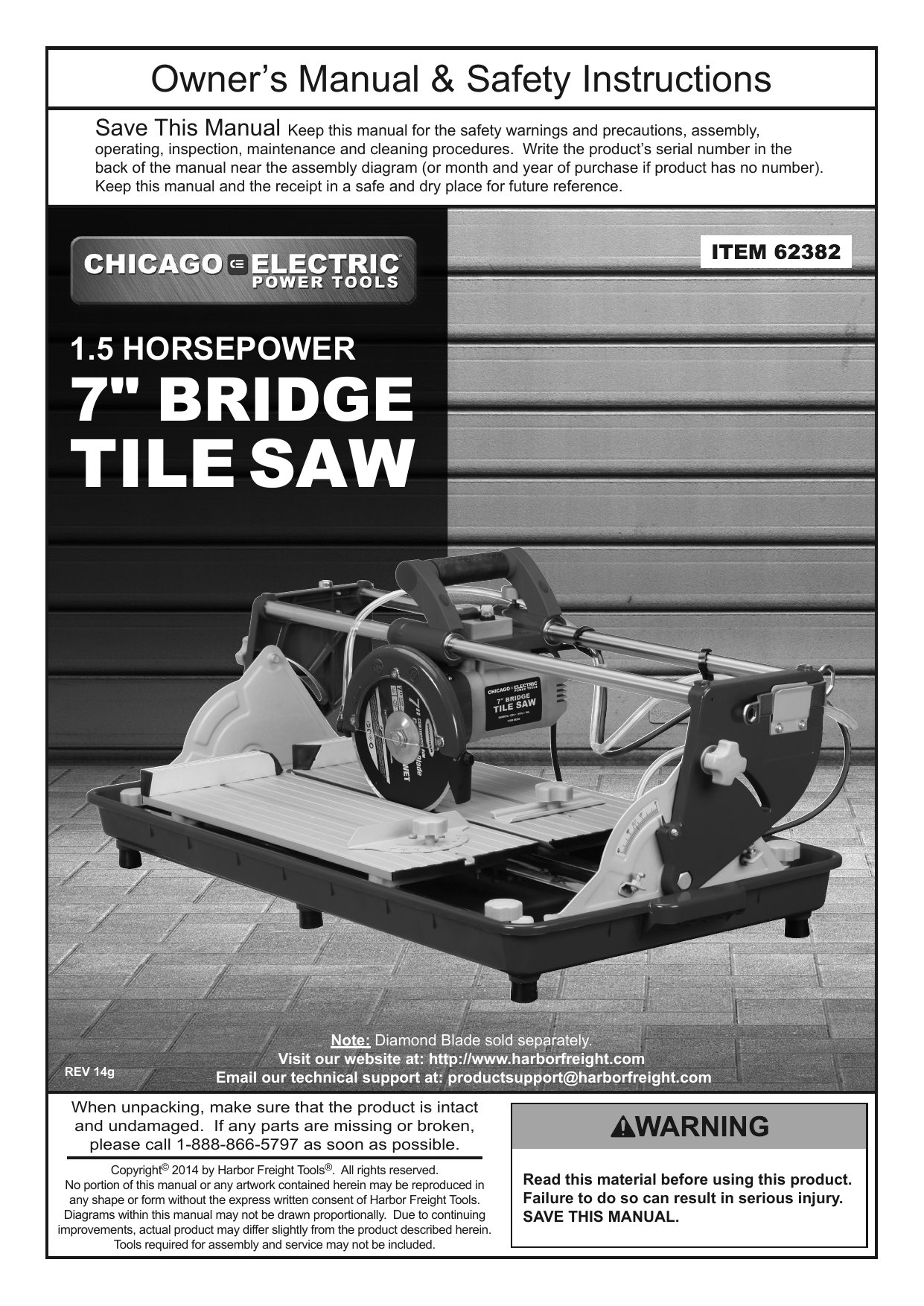 Chicago Electric 62382 7 in. 1.5 HP Bridge Tile Saw Owner's Manual