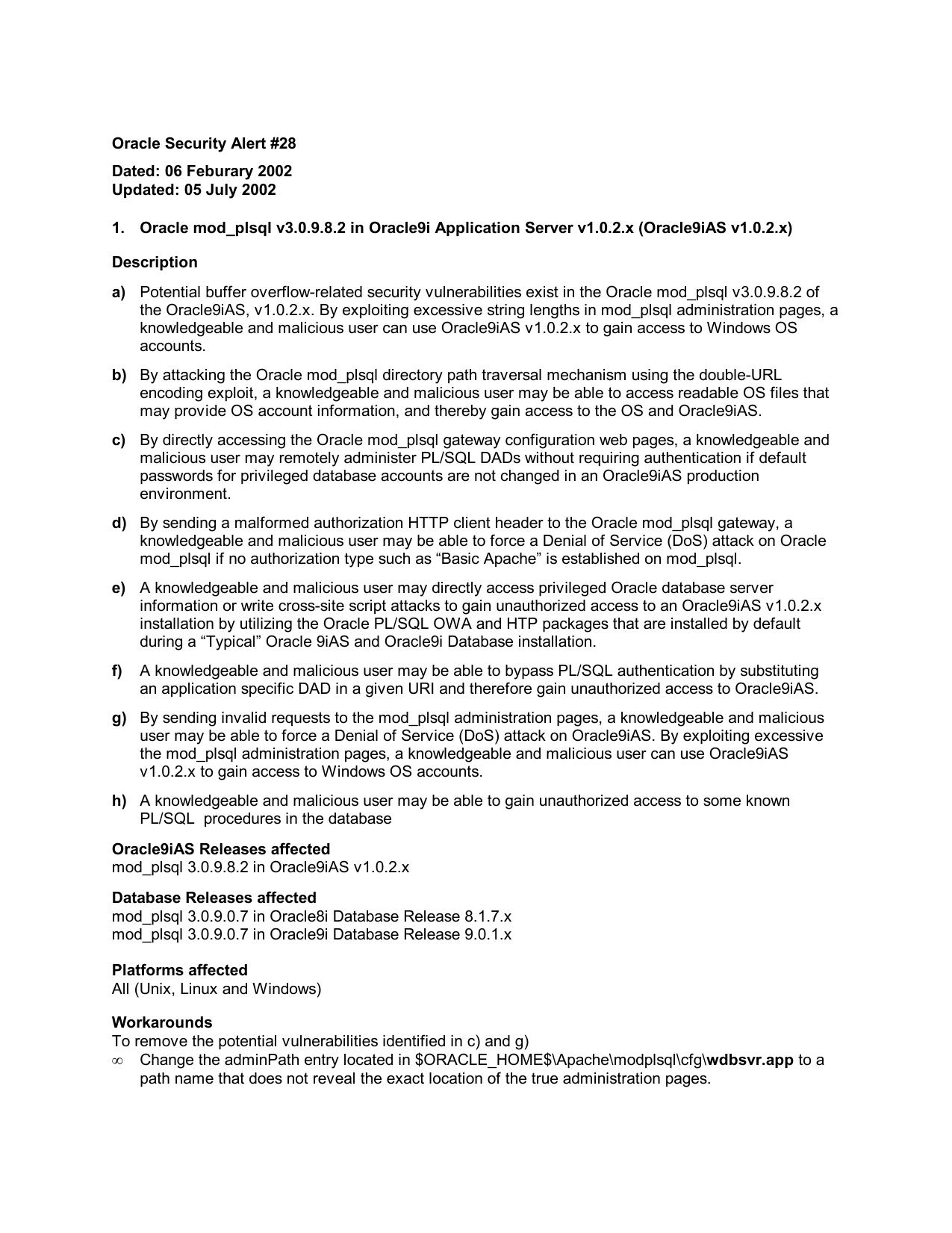 Oracle Security Alert 28 Dated 06 Feburary 02 Updated 05 July Manualzz
