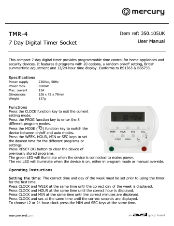 TMR-4 7 Day Digital Timer Socket | Manualzz