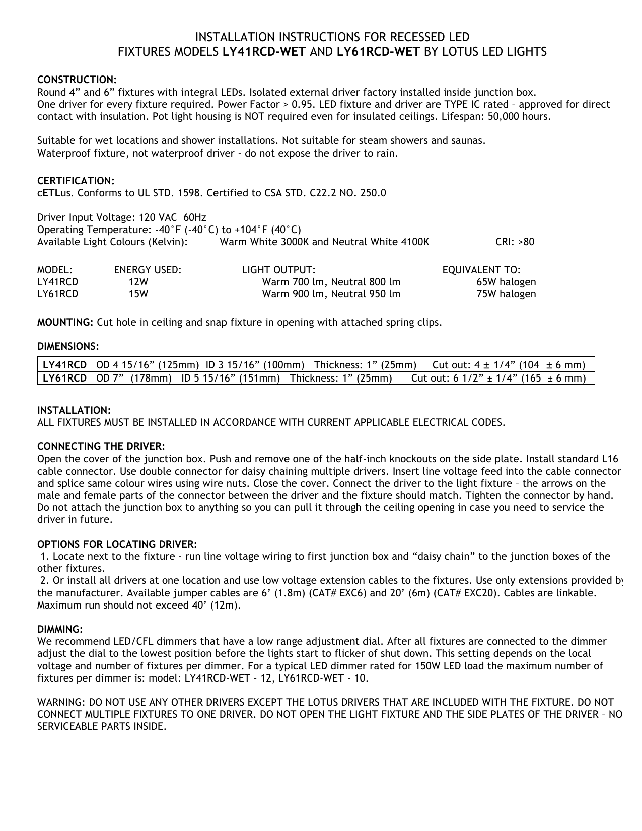 Installation Instructions For Recessed Led Fixtures