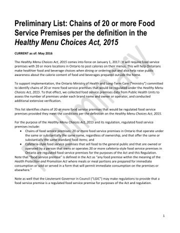 Preliminary List Of Identified Chains Of Food Service Premises Manualzz