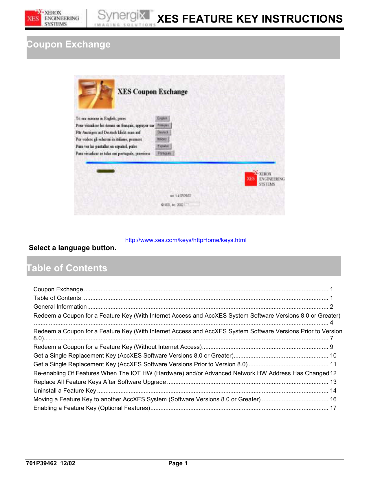 XES FEATURE KEY INSTRUCTIONS Manualzz