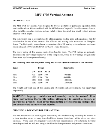 MFJ 1795 - PORTABLE HF VERTICAL, 10/15/20/40M, 1.5KW manual | Manualzz