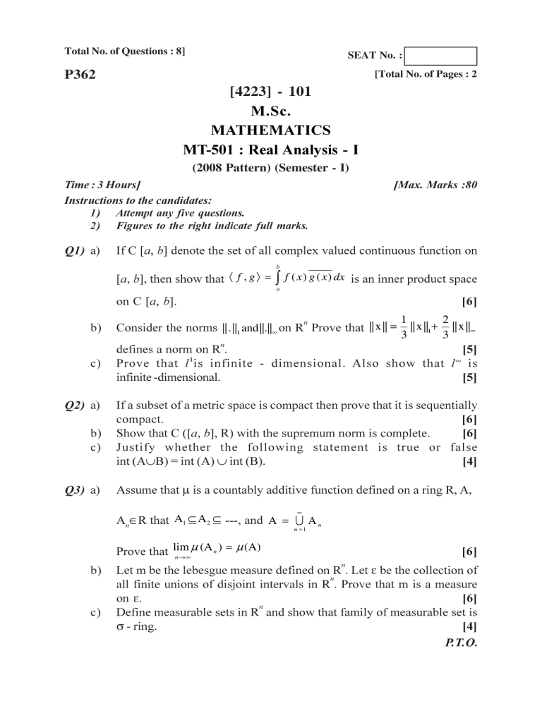 4223 101 M Sc Mathematics Mt 501 Real Analysis Manualzz