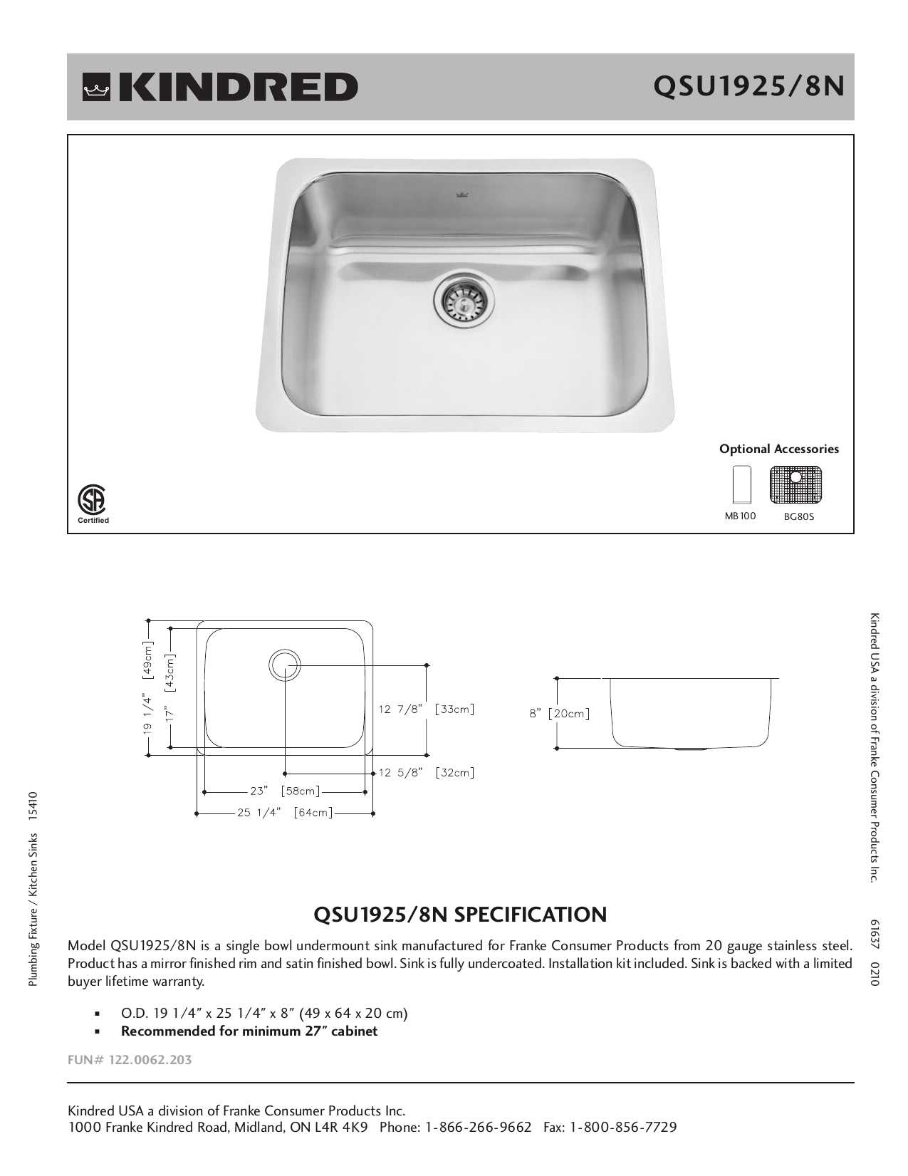 Kindred Steel Queen Sink Specification Manualzz Com