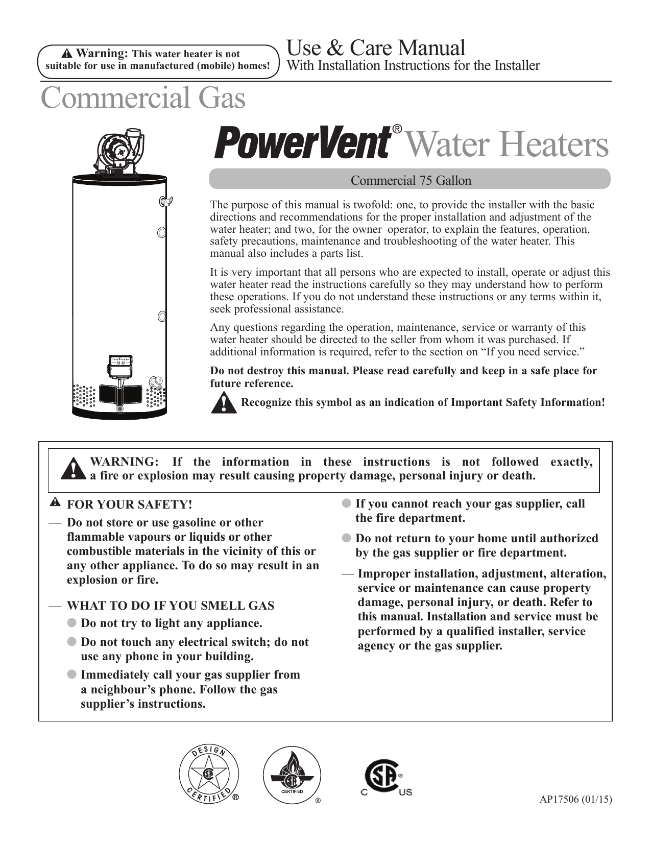 Rheem GPV75-76FV-2 Commercial Gas Water Heater Use and Care Manual |  Manualzz