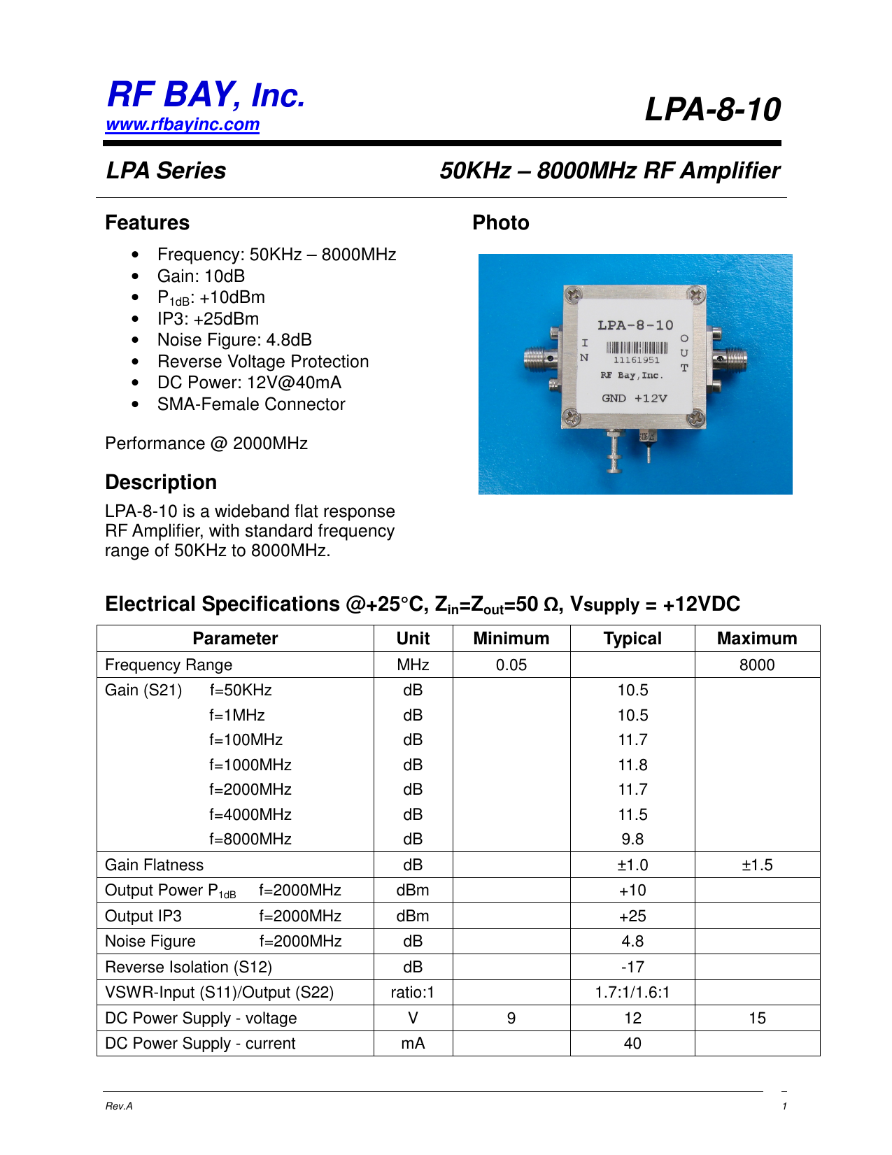 LPA-8-17 10-8000MHz Wideband RF Amplifier New SMA 