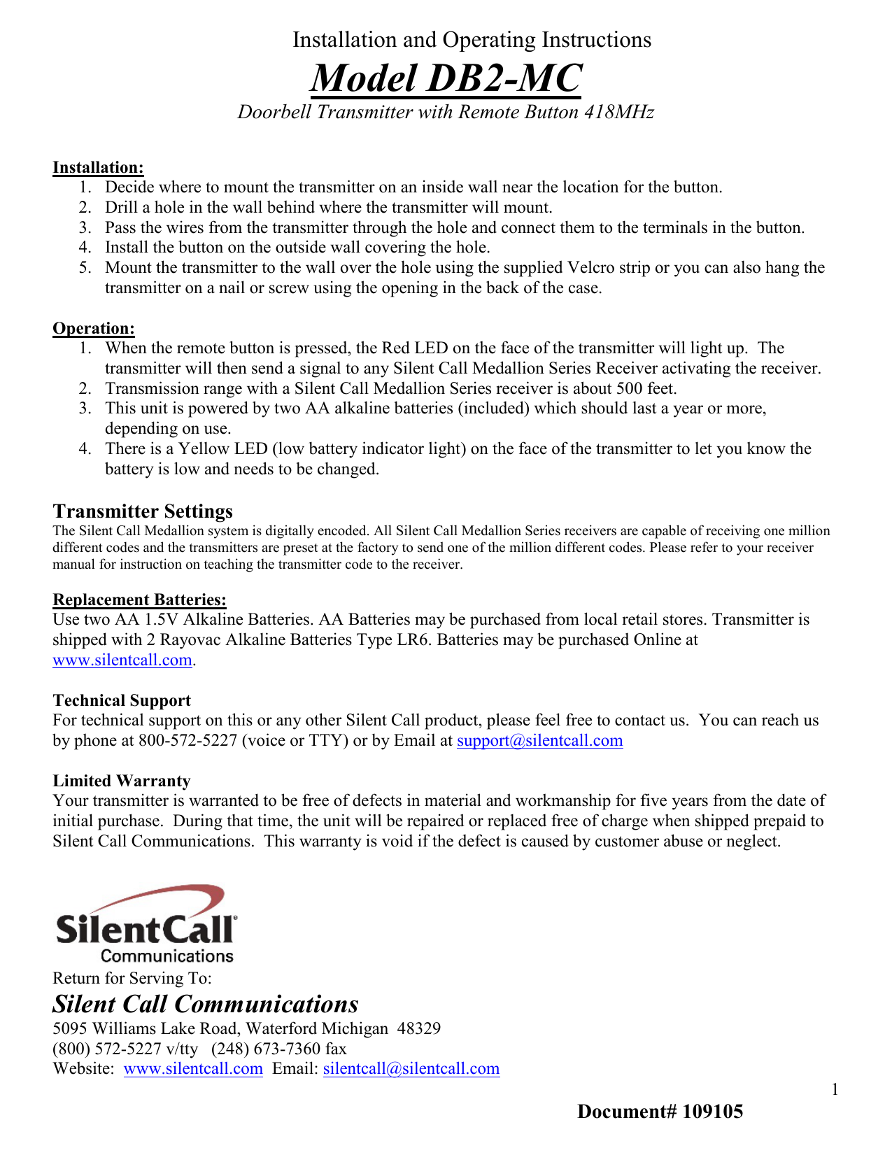 DB2-SS Silent Call Communications Signature Series Doorbell 418 MHz Transmitter with Button