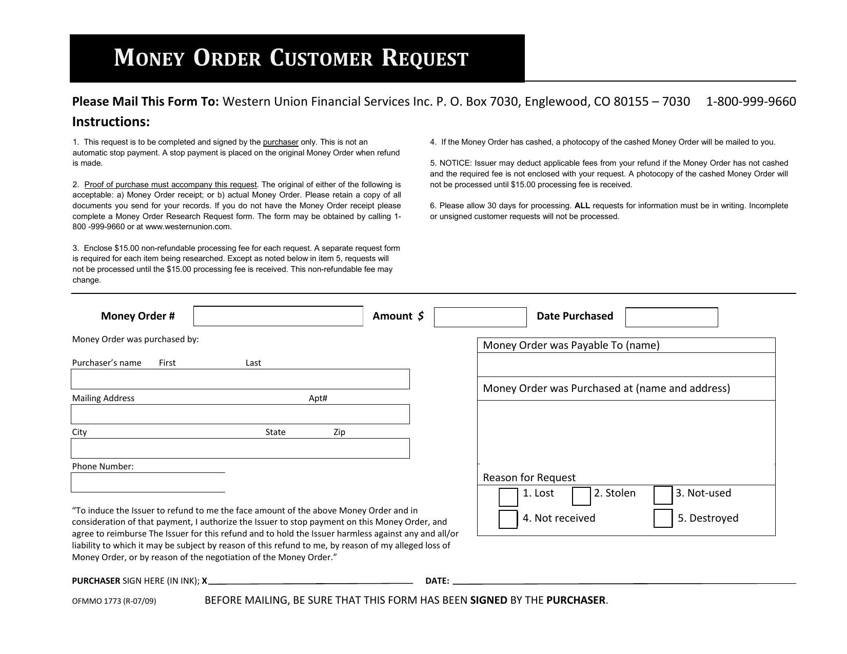 money order customer request form | manualzz.com