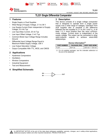 TL331 Single Differential Comparator datasheet | Manualzz