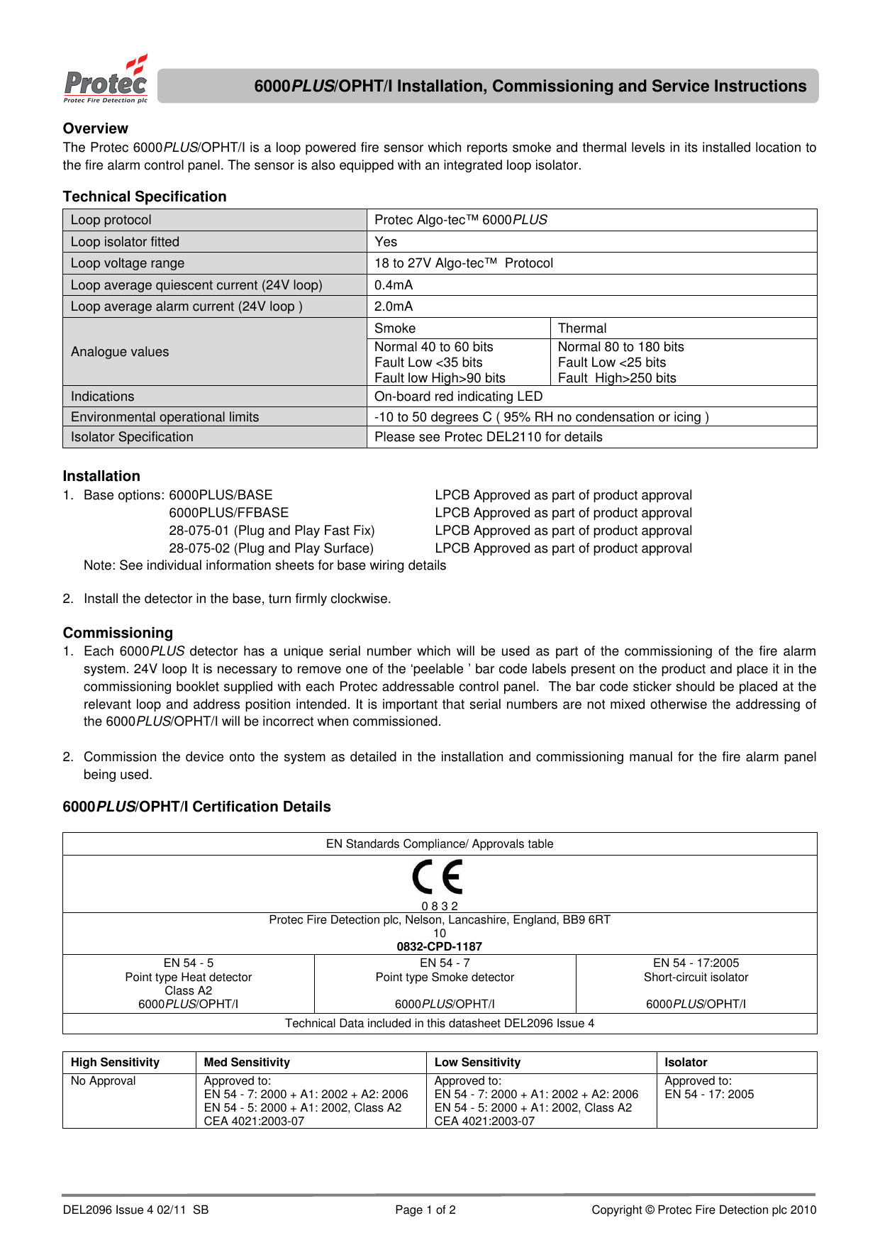 3000/OPHT Optical Smoke and Heat Detector - Protec Fire Detection