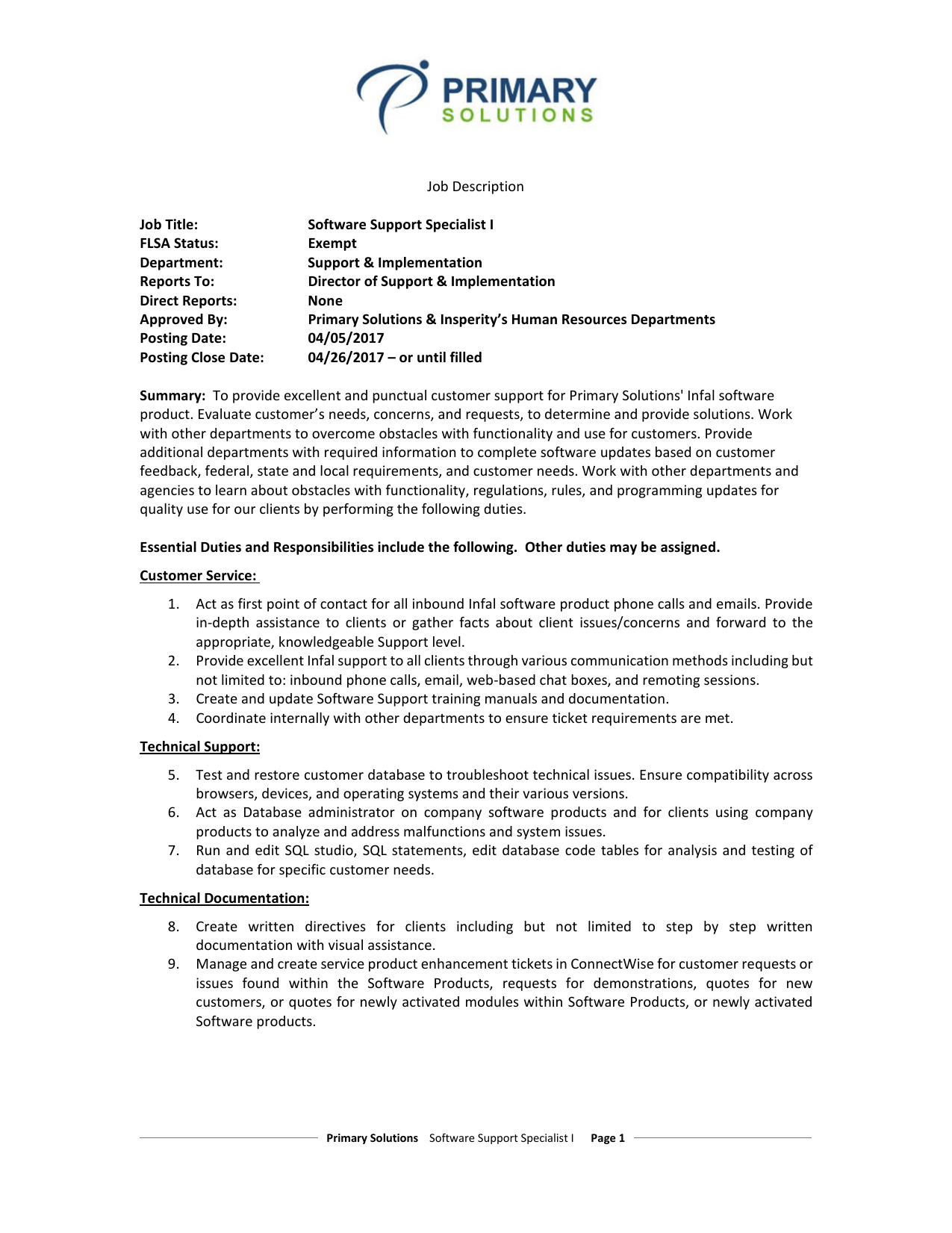 job description job title software support specialist i duties of it support