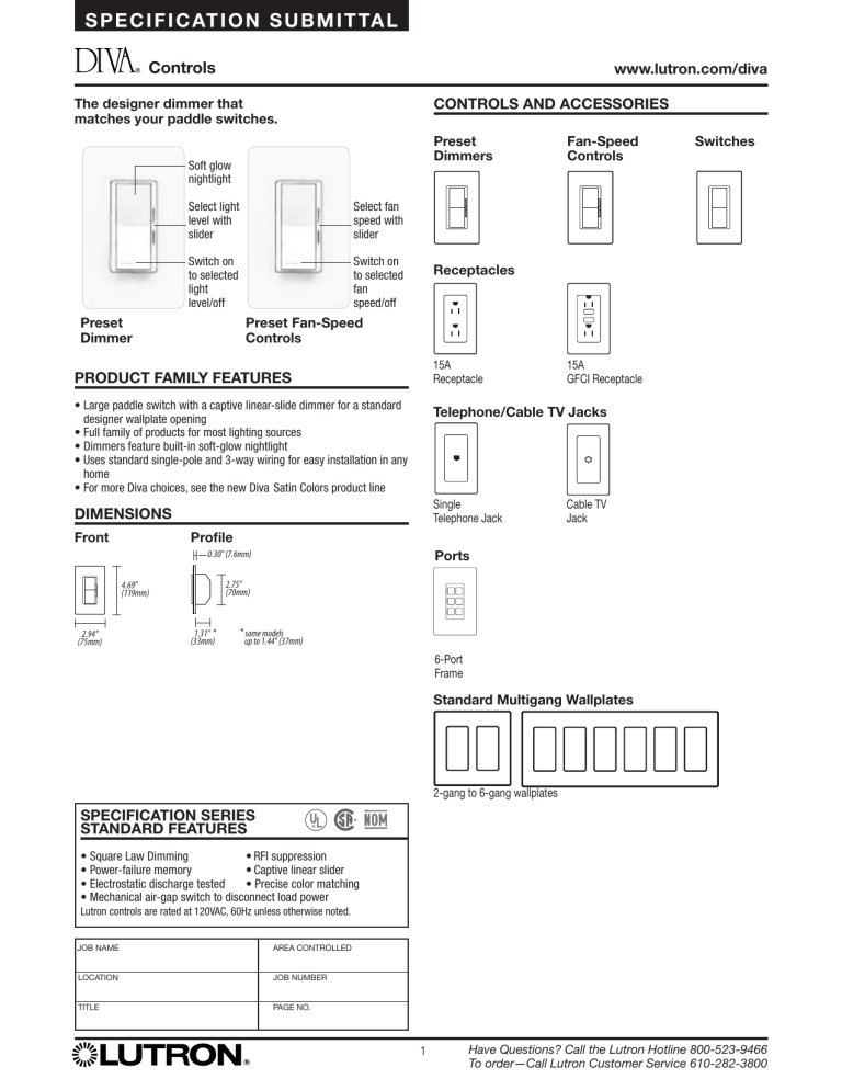 Lutron Diva Dvfsq F Wh Spec Sheet Manualzz