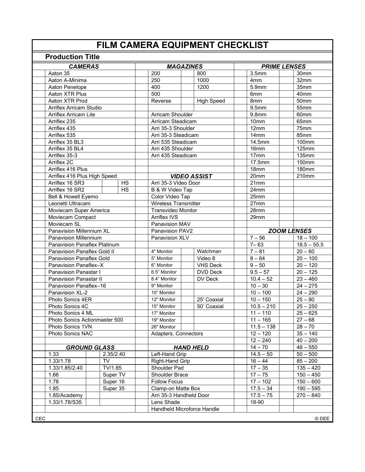 Film Equipment List