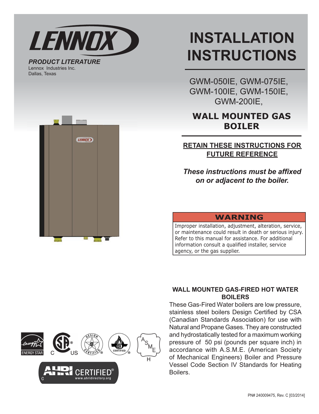 Lennox GWMIE WallMounted Gas Boiler Installation Instructions Manualzz
