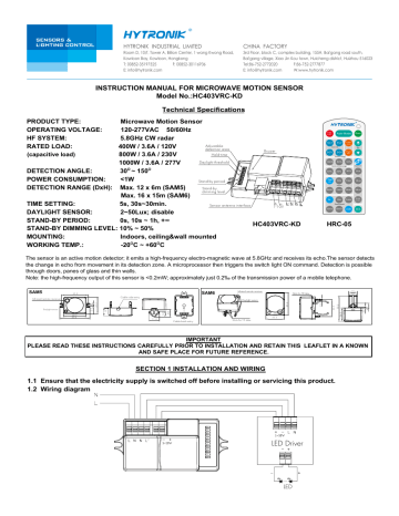 Hytronik HC403VRC-KD Detached Sensor User Manual | Manualzz