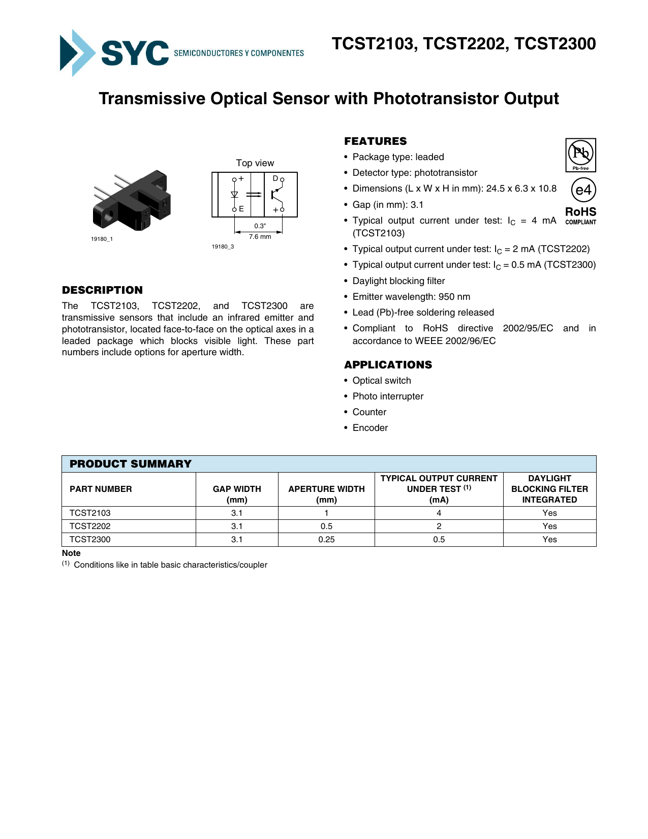 Transmissive Optical Sensor with Phototransistor Output TCST2103 Manualzz