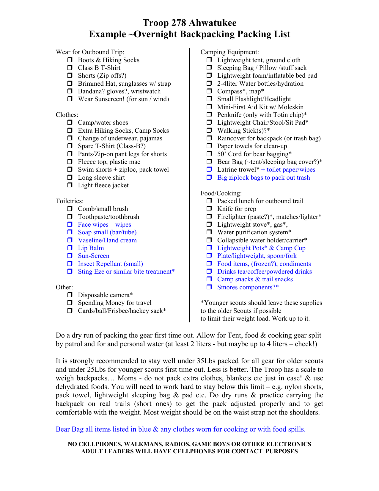 boy scout overnight backpacking checklist