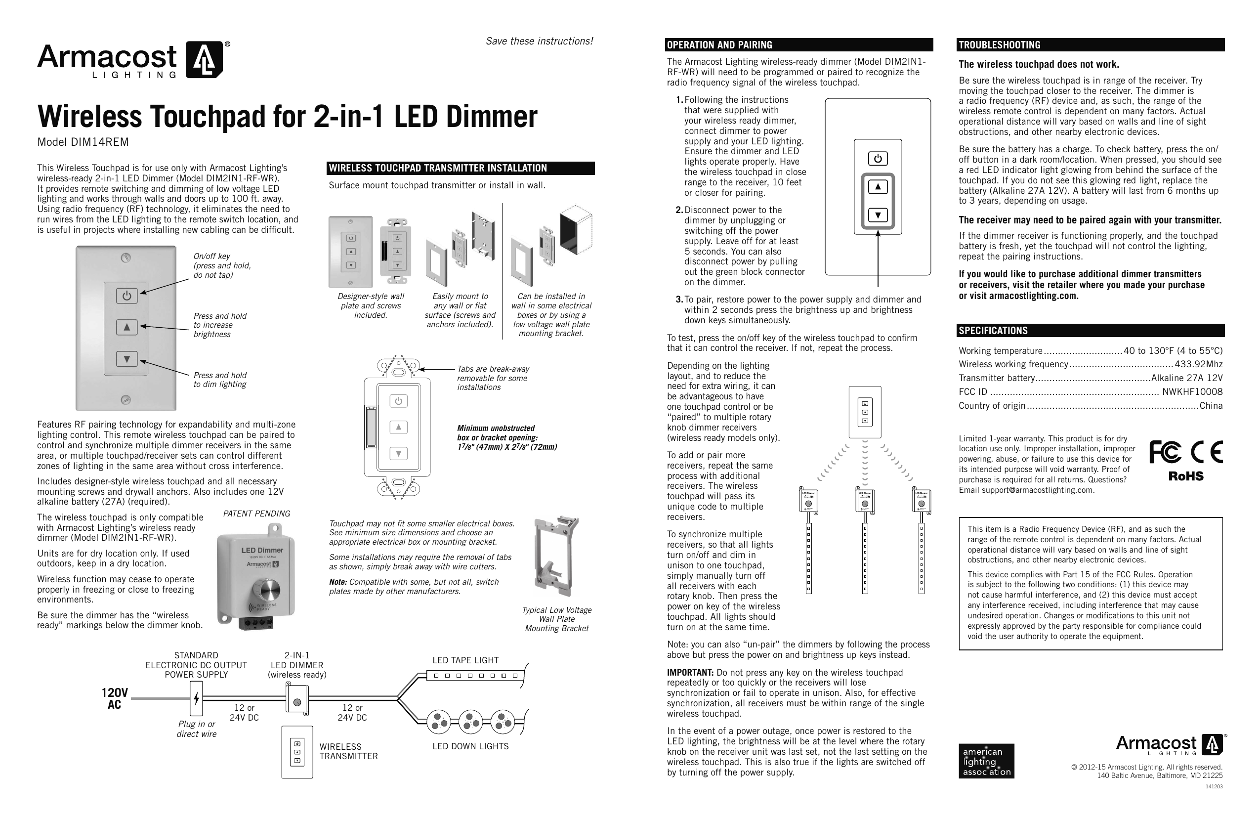 Wireless Touchpad for White LED Dimmers – Armacost Lighting