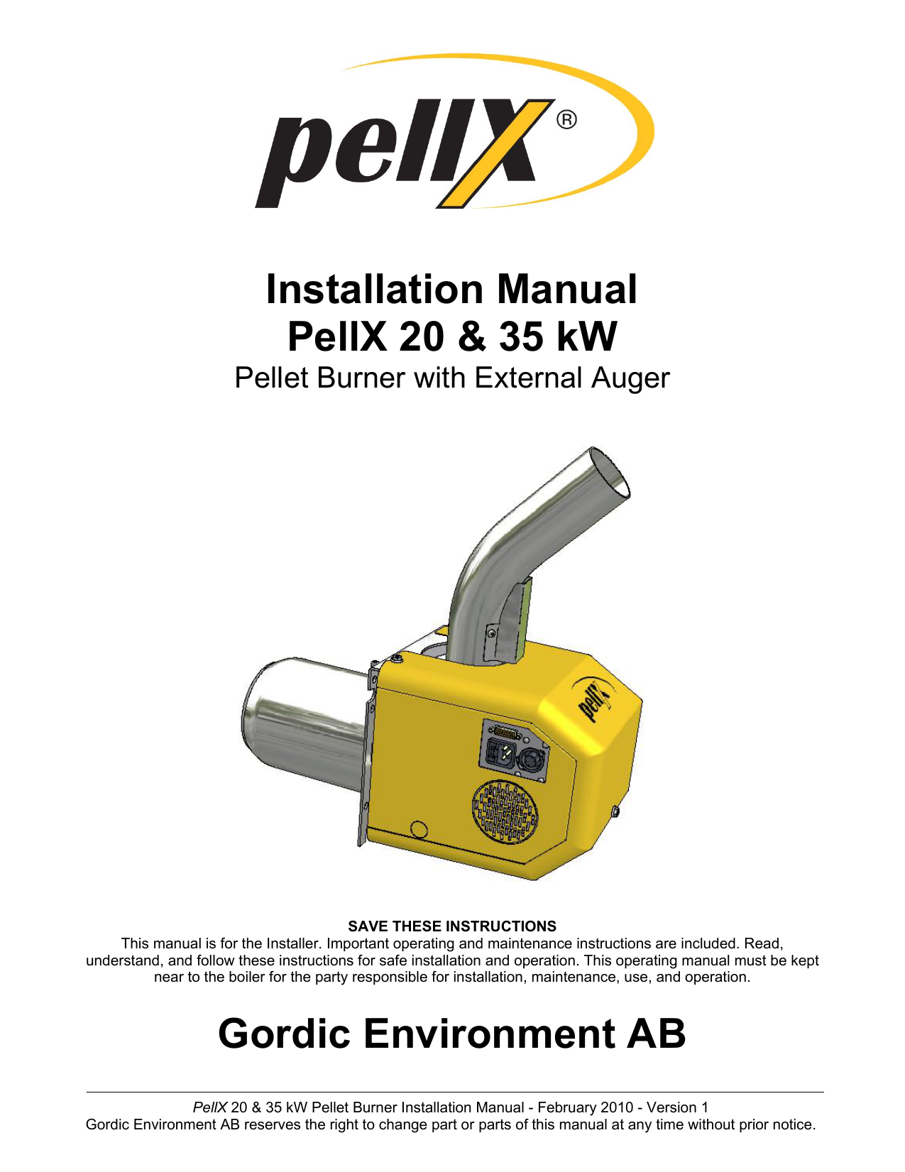 Burner Installation Manual - Pellx Pellet Burners and Accesories | Manualzz