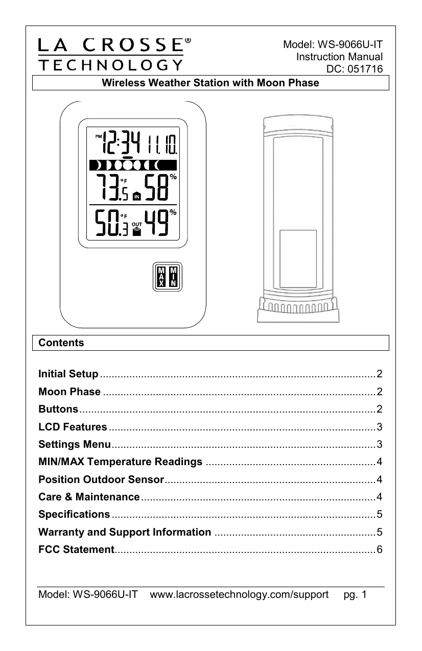 La Crosse Technology La Crosse Technology WS-9066U-IT-CBP Wireless Weather  Station With Indoor-outdoor Temperature WS-9066U-IT-CBP