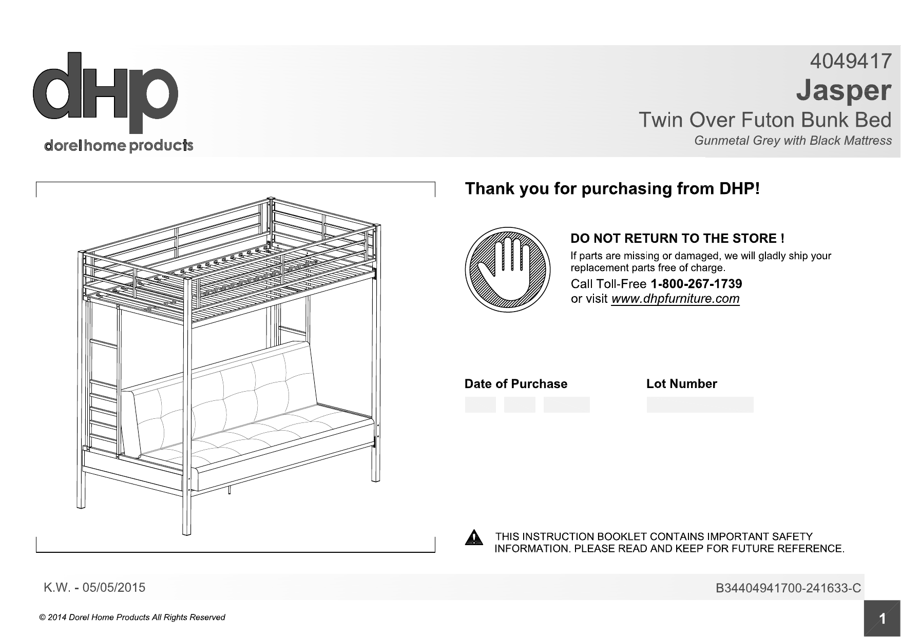 Dorel Home Furnishings 4049417 Owners, Dorel Twin Over Futon Bunk Bed Instructions