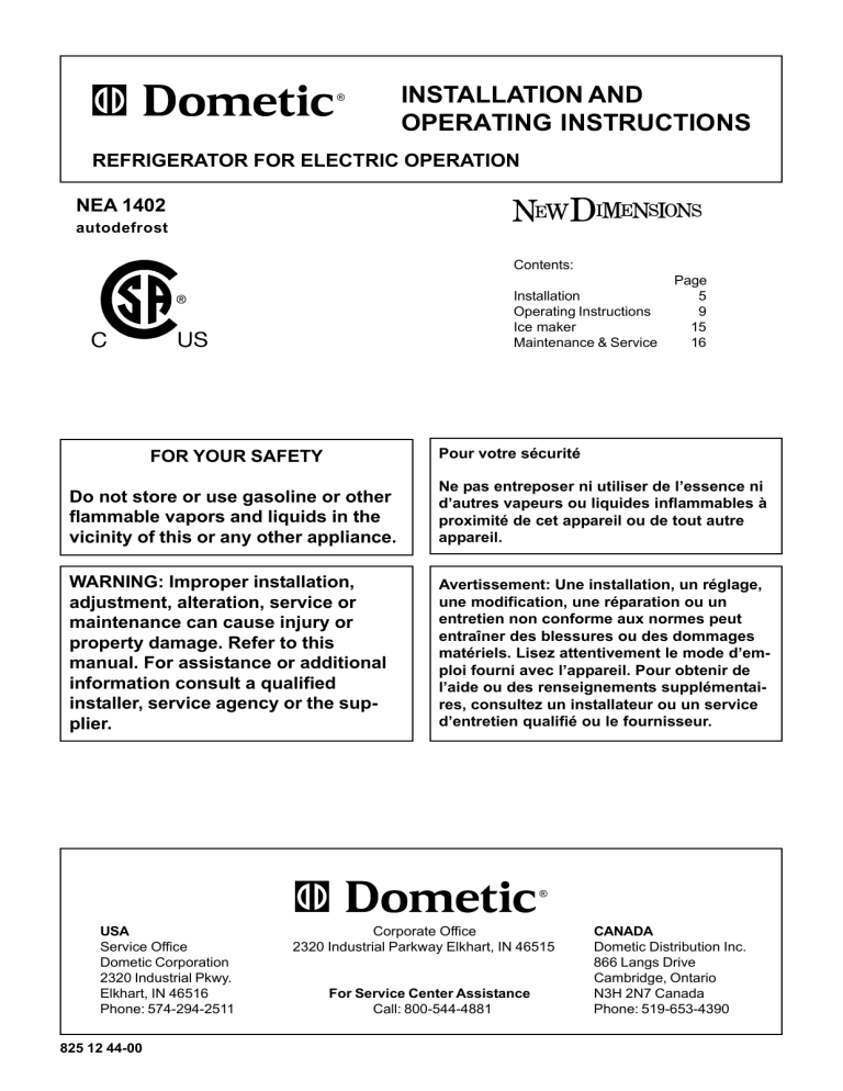 Dometic NEA1402 User manual | Manualzz