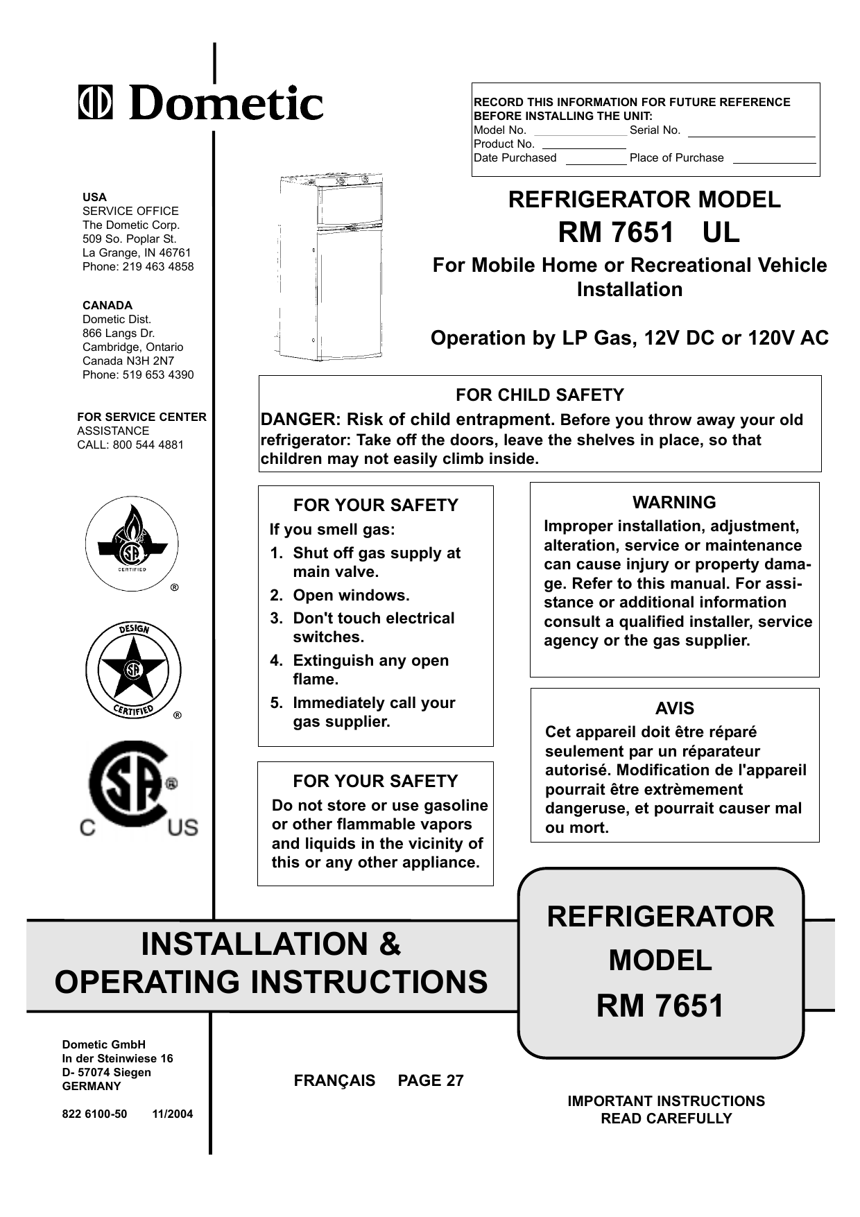 Dometic Rm7851l User Manual Manualzz