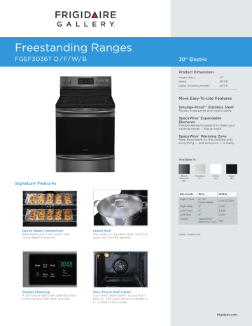 Frigidaire FGEF3036TF Product Specifications Sheet | Manualzz