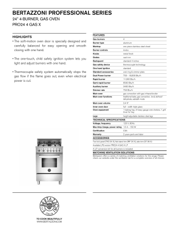 Bertazzoni PRO244GASX Specifications Sheet | Manualzz