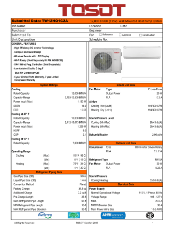 Tosot Tw12hq1c2a Tw12hq1c2a Submittal Manualzz