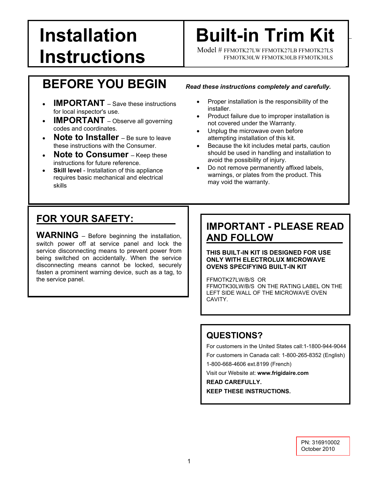 Frigidaire Ffmo1611ls Wiring Diagram Installation Instructions Frigidaire Ffmo1611ls Wiring Diagram