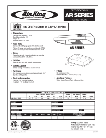 Air King AR1363 Spec Sheet | Manualzz