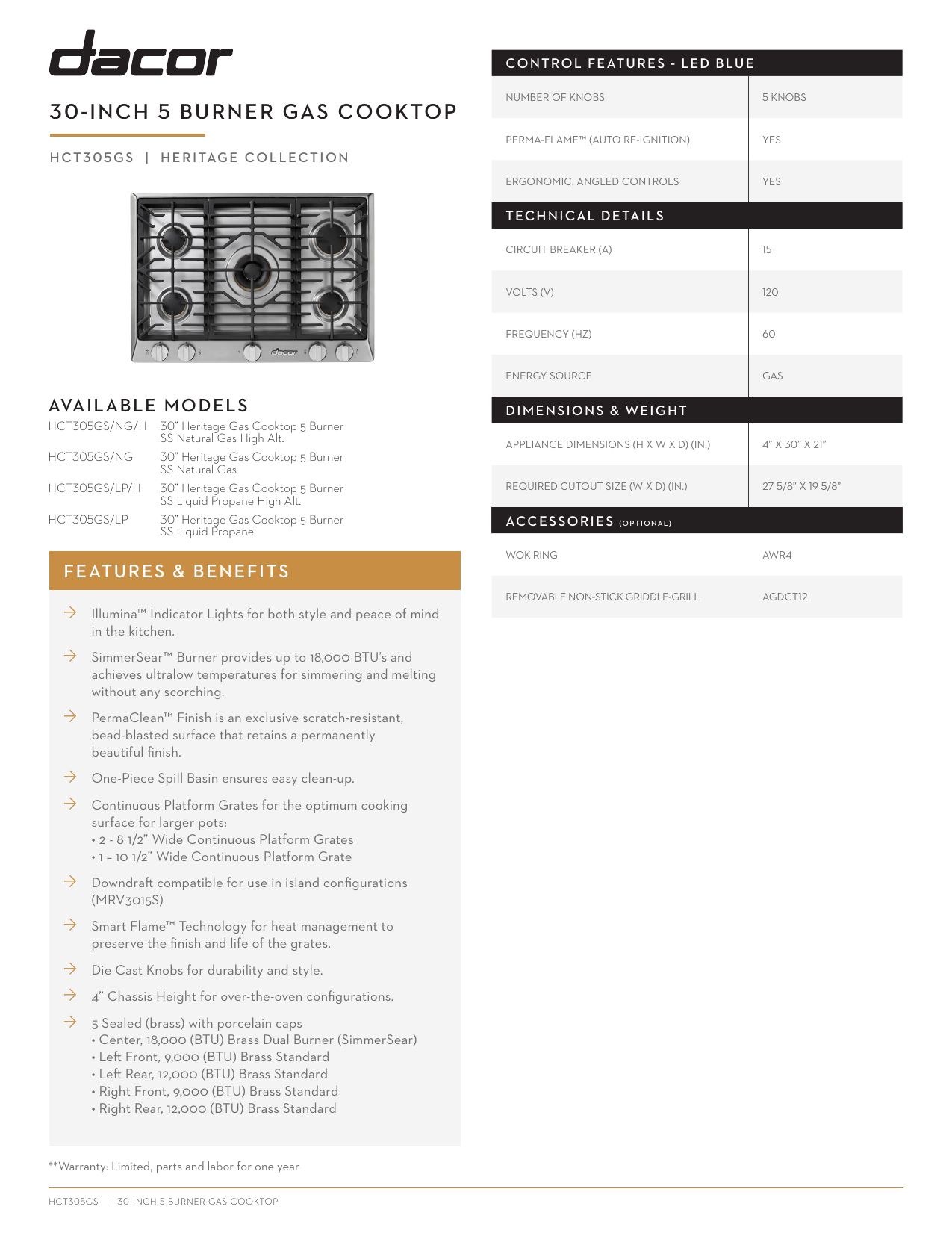 Dacor Hct305gsng Specifications Sheet Manualzz Com