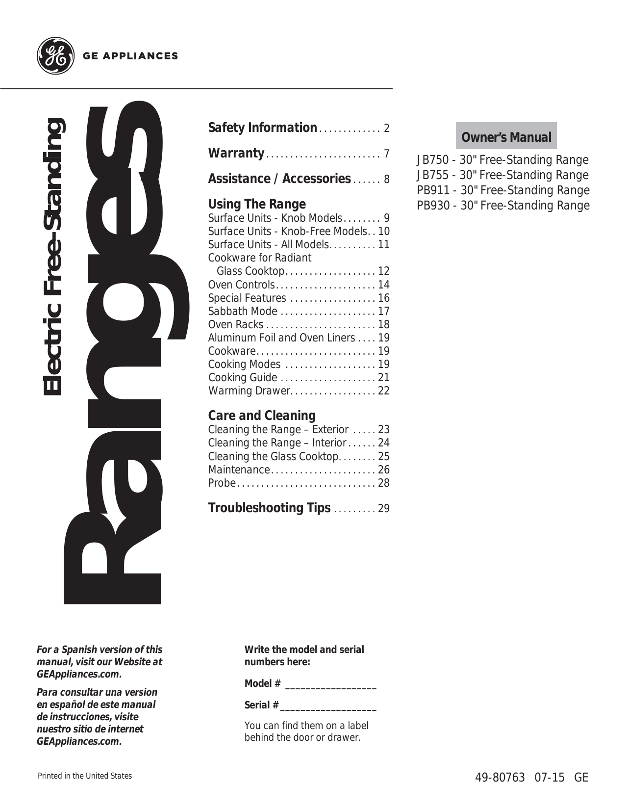 GE Profile PB911SJSS Use \u0026 Care Guide | Manualzz